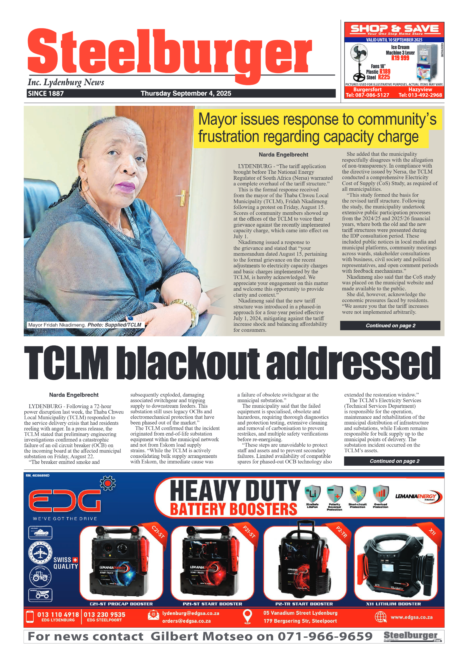 Steelburger News 04 September 2025 page 1