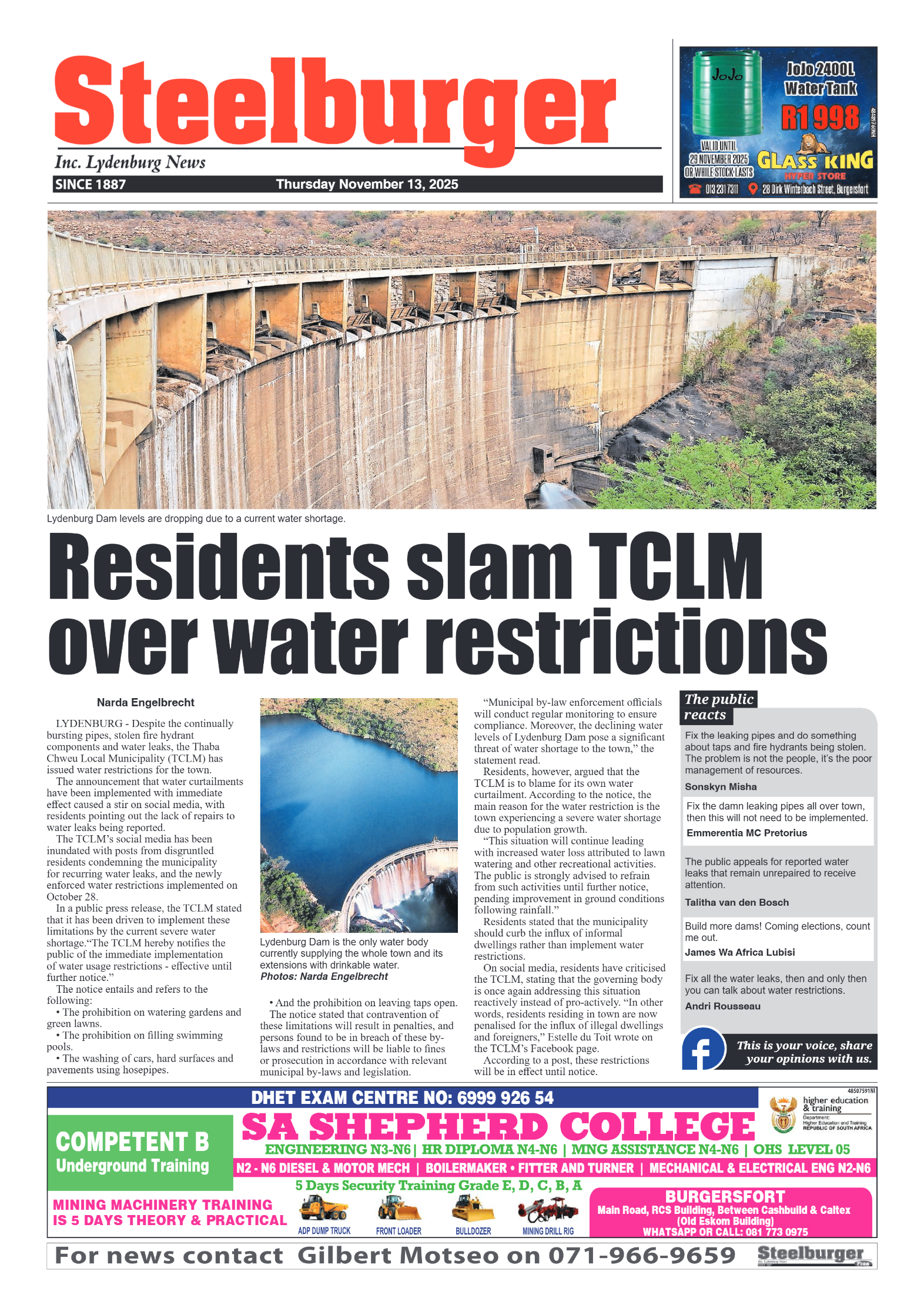 Steelburger News 13 November 2025 page 1