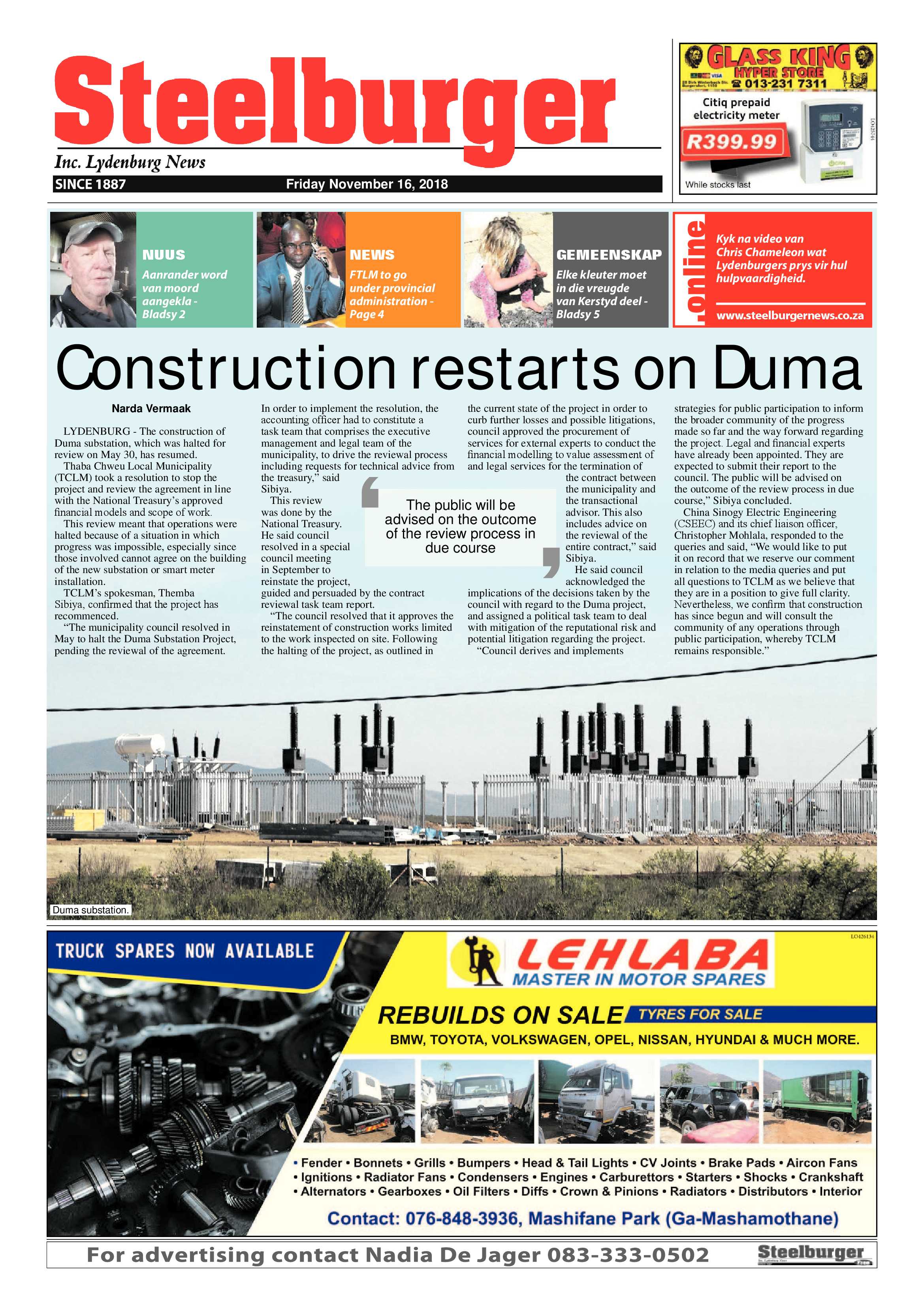 Steelburger News 16 November 2018 page 1