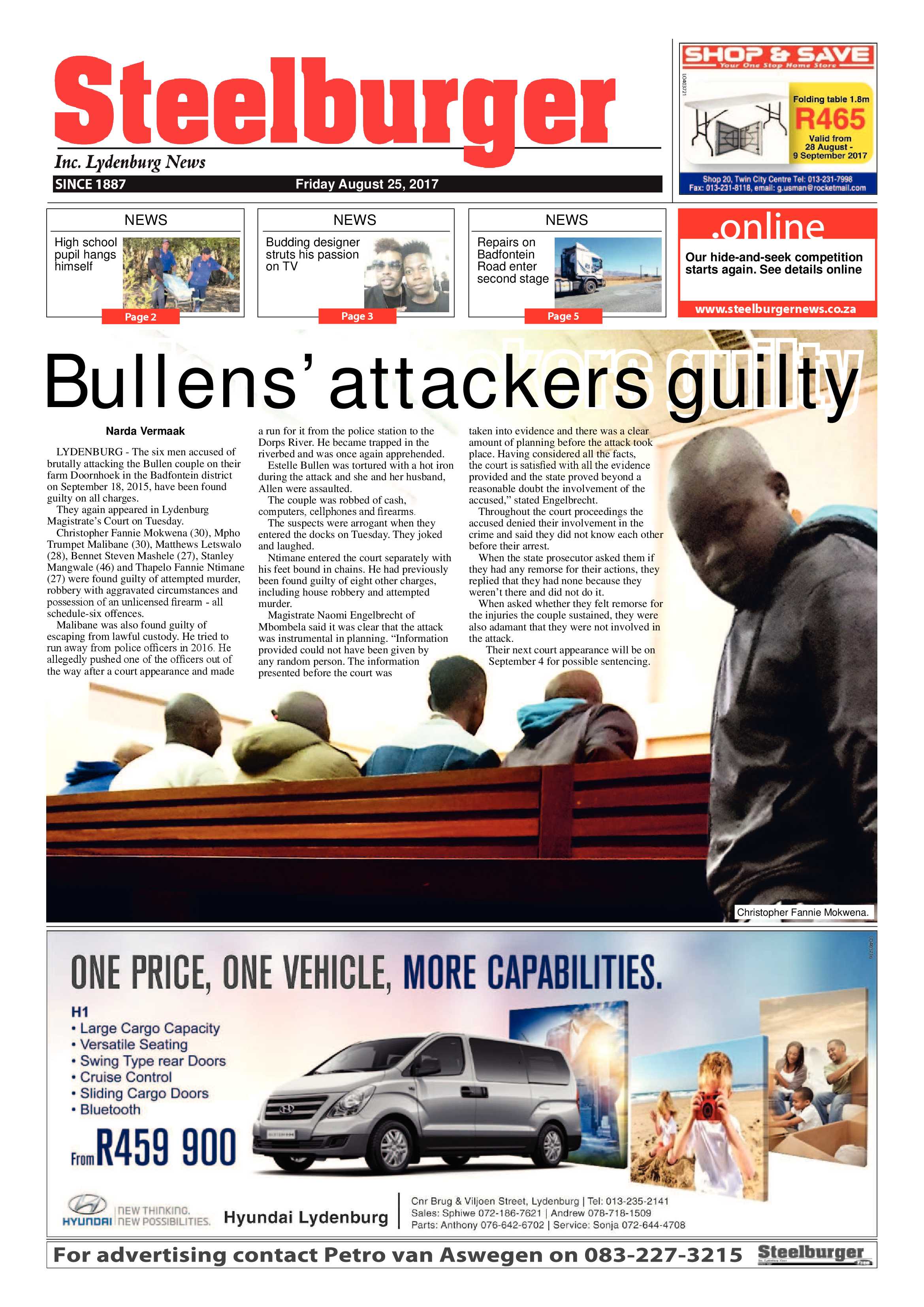 Steelburger News 25 August 2017 page 1
