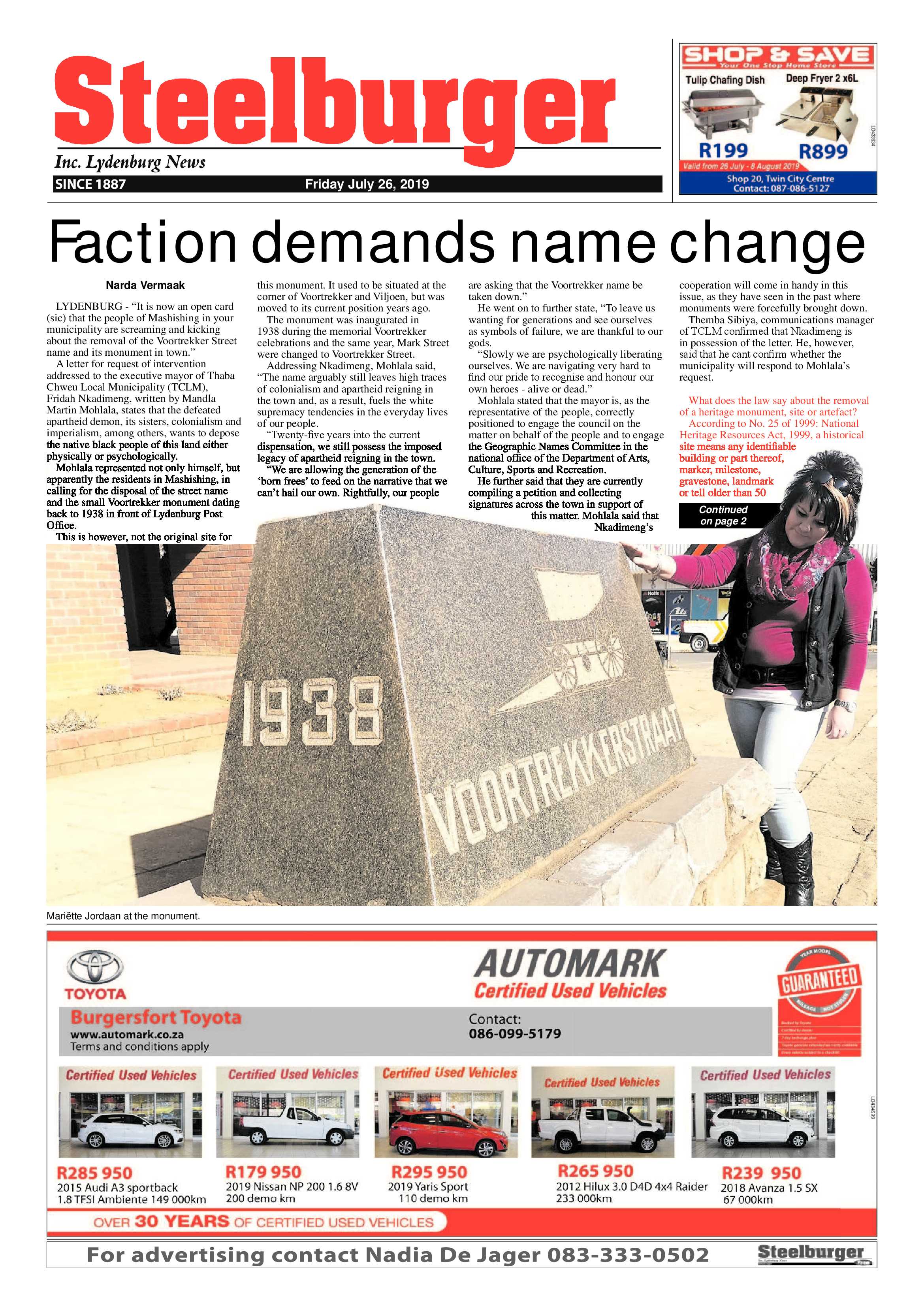 Steelburger News 26 July 2019 page 1