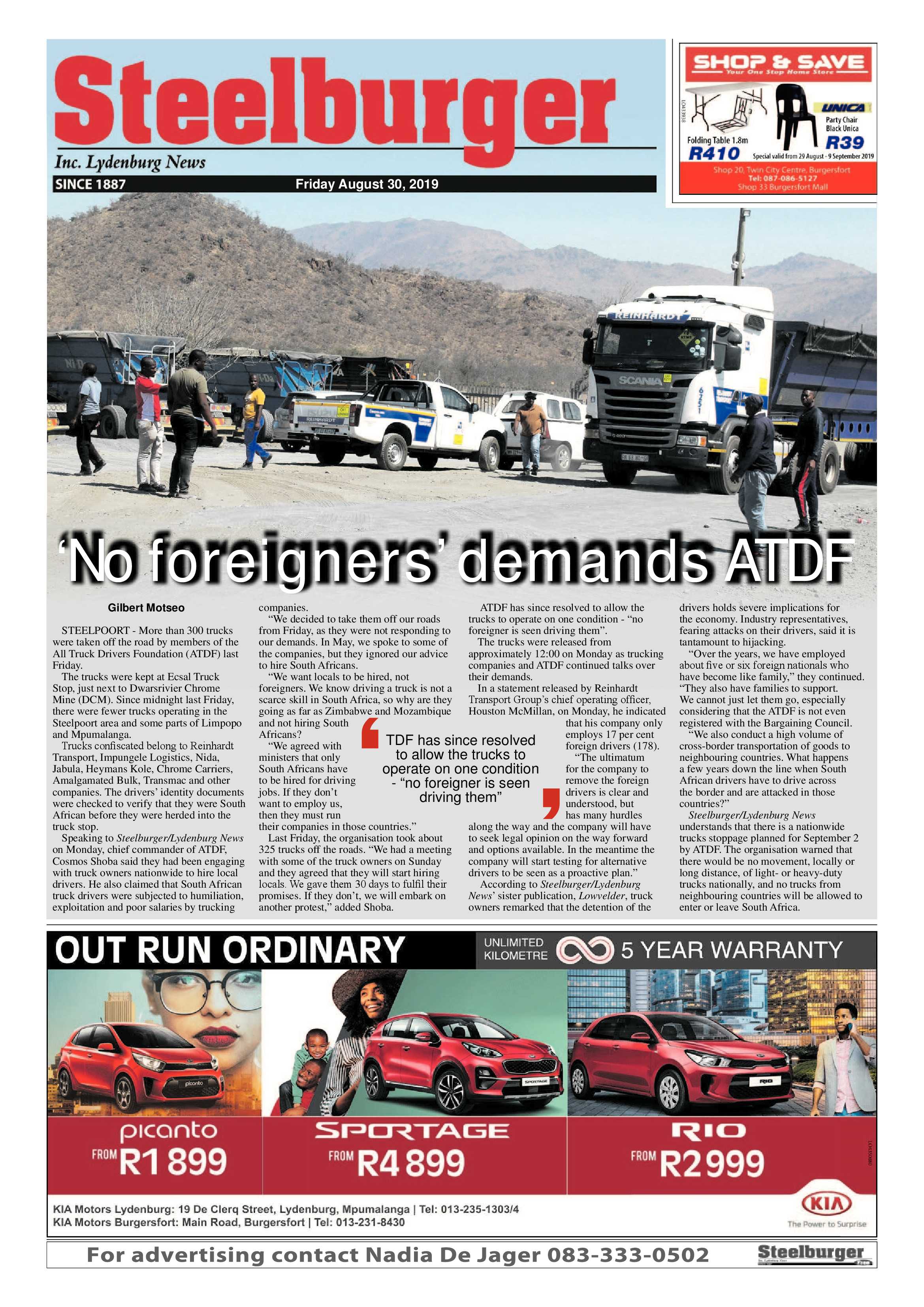 Steelburger News 30 August 2019 page 1