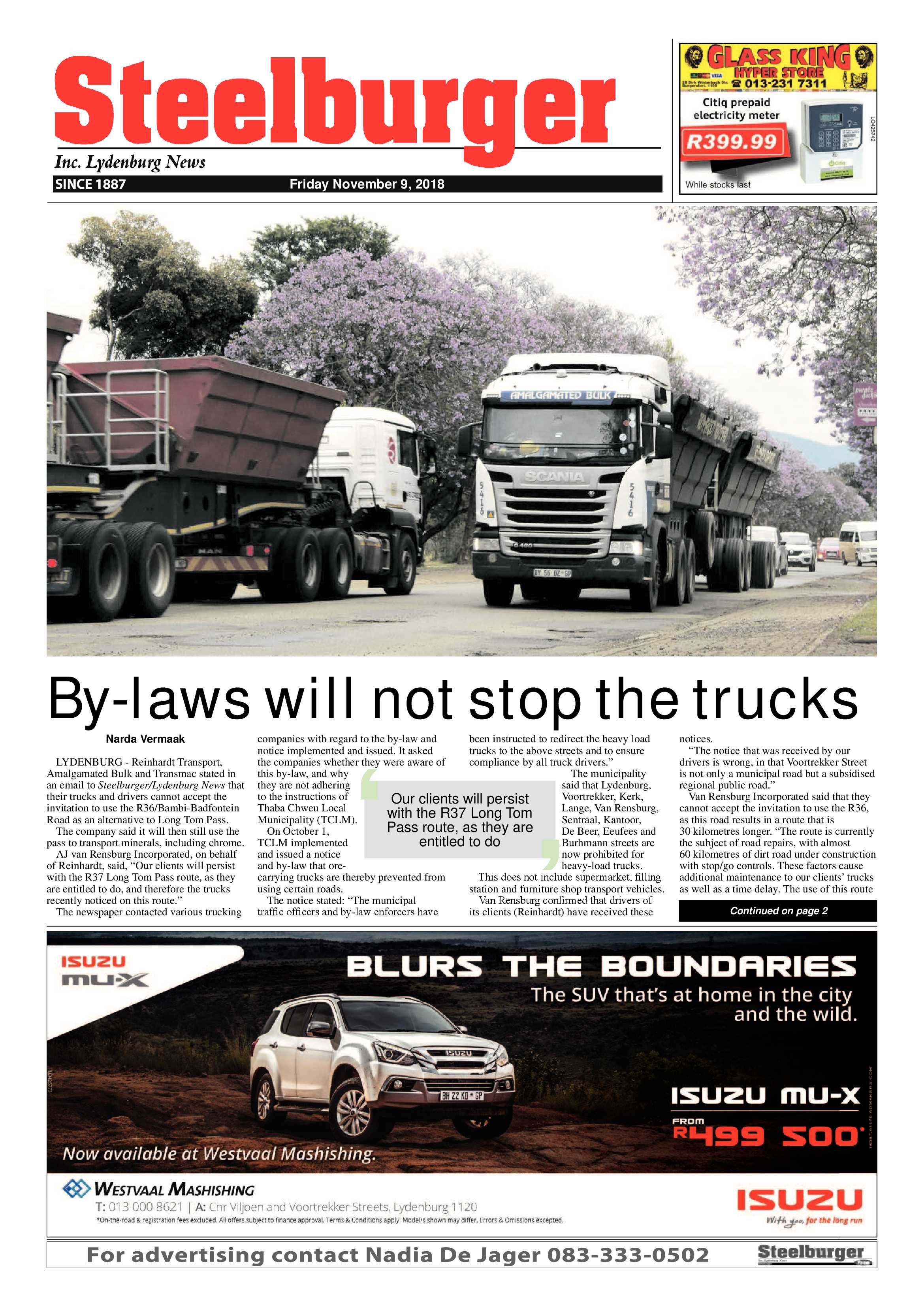 Steelburger News 9 November 2018 page 1